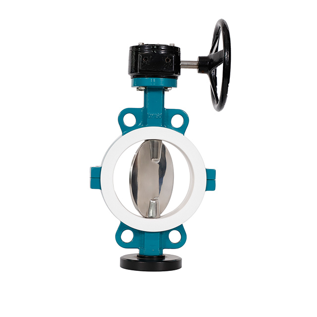 Full PTFE-fodrad wafer-fjärilsventil i två delar, kropp av segjärn, PTFE-säte i rostfritt stål, hög prestanda